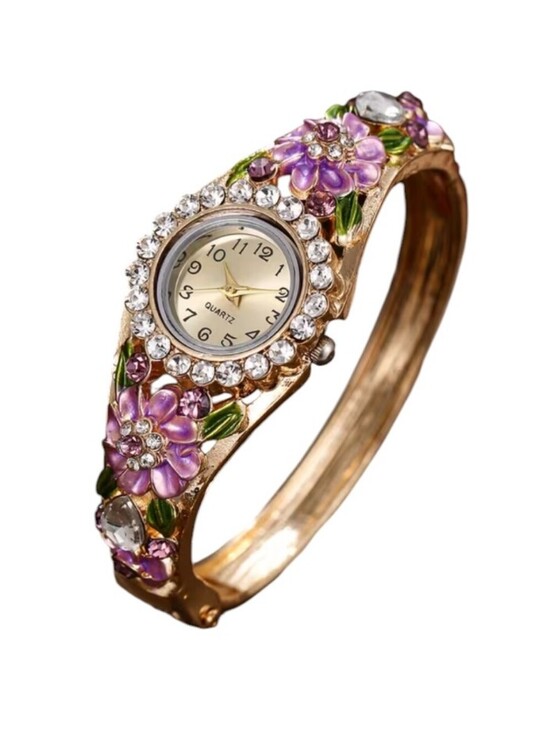 Accessories - Gold-Tone Floral Crystal Bangle Watch - Purple